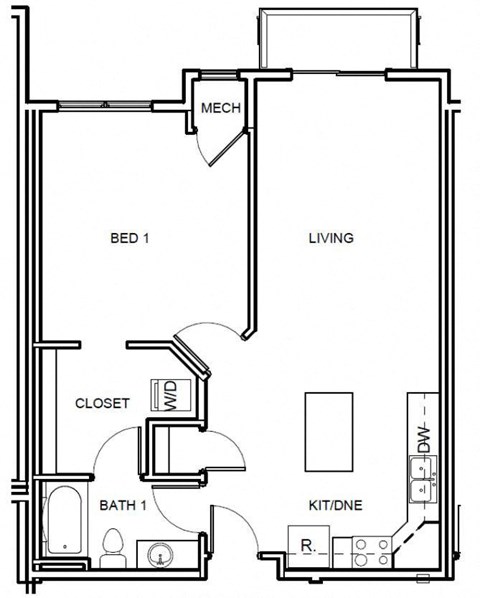 Floor plan for 1 bed, 1 bath, 827 sqft